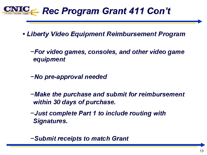 Rec Program Grant 411 Con’t • Liberty Video Equipment Reimbursement Program −For video games,
