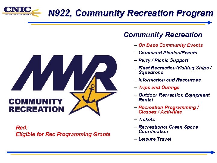 N 922, Community Recreation Program Community Recreation – On Base Community Events – Command