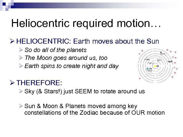 Heliocentric required motion… Ø HELIOCENTRIC: Earth moves about the Sun Ø So do all