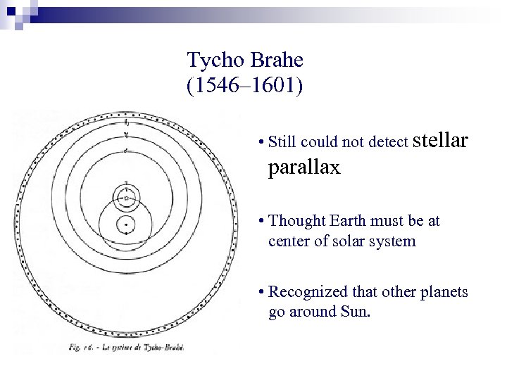 Tycho Brahe (1546– 1601) • Still could not detect stellar parallax • Thought Earth