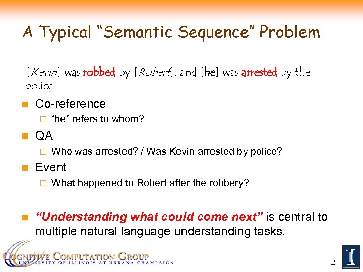 A Typical “Semantic Sequence” Problem [Kevin] was robbed by [Robert], and [he] was arrested