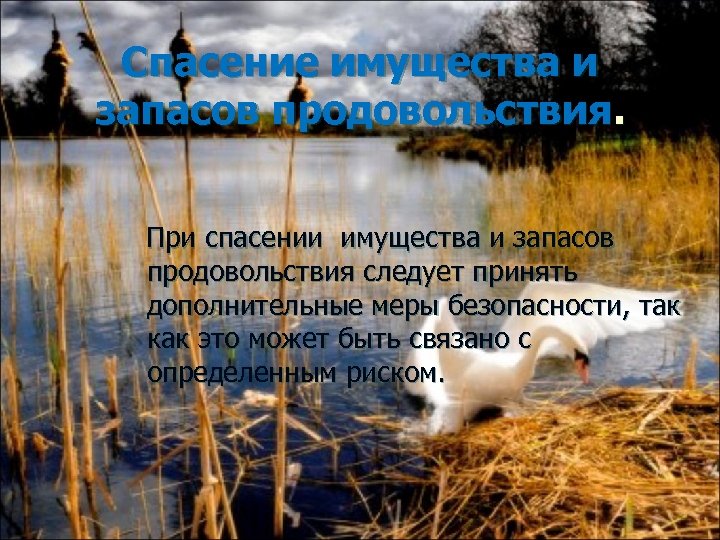 Спасение имущества и запасов продовольствия. При спасении имущества и запасов продовольствия следует принять дополнительные