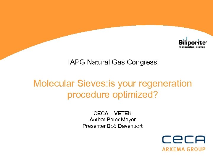 IAPG Natural Gas Congress Molecular Sieves: is your regeneration procedure optimized? CECA – VETEK