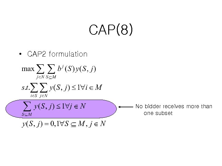 CAP(8) • CAP 2 formulation No bidder receives more than one subset 