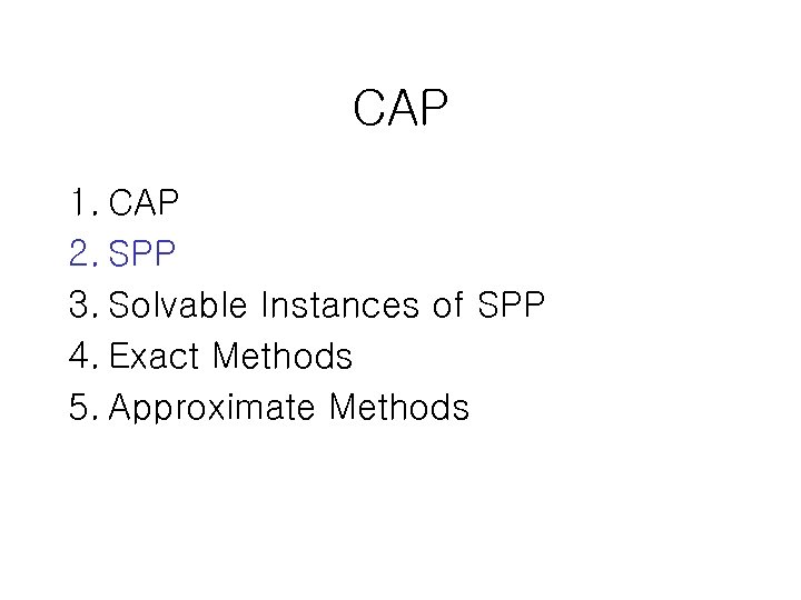 CAP 1. CAP 2. SPP 3. Solvable Instances of SPP 4. Exact Methods 5.