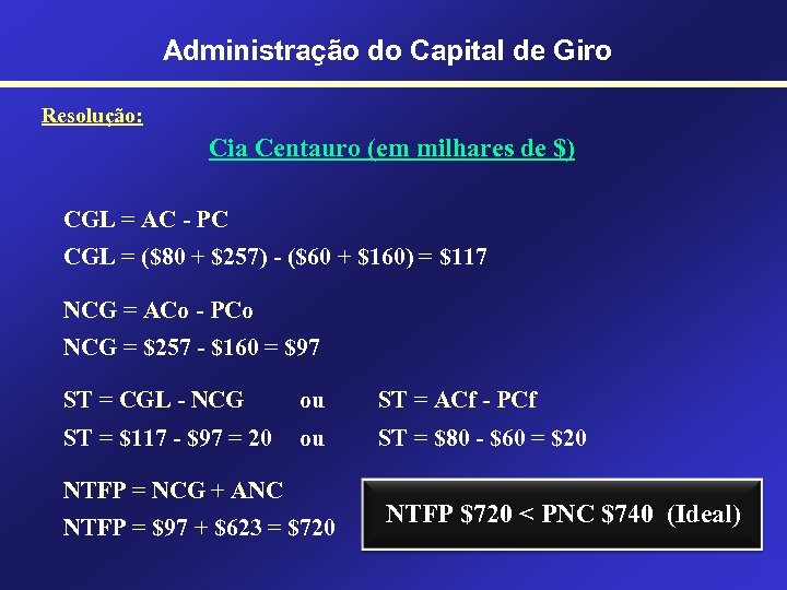Administração do Capital de Giro Resolução: Cia Centauro (em milhares de $) CGL =