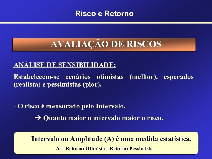 Risco e Retorno AVALIAÇÃO DE RISCOS ANÁLISE DE SENSIBILIDADE: Estabelecem-se cenários otimistas (melhor), esperados