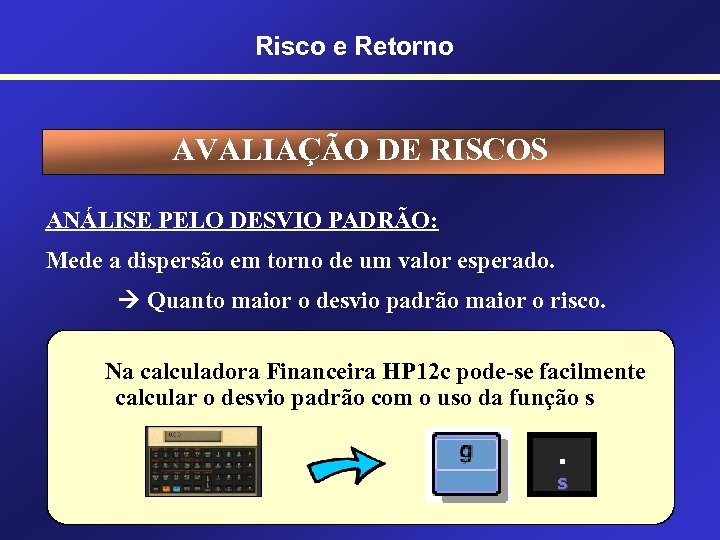 Risco e Retorno AVALIAÇÃO DE RISCOS ANÁLISE PELO DESVIO PADRÃO: Mede a dispersão em