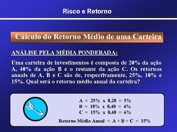Risco e Retorno Cálculo do Retorno Médio de uma Carteira ANÁLISE PELA MÉDIA PONDERADA: