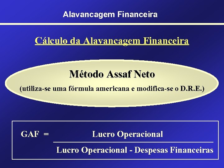 Alavancagem Financeira Cálculo da Alavancagem Financeira Método Assaf Neto (utiliza-se uma fórmula americana e