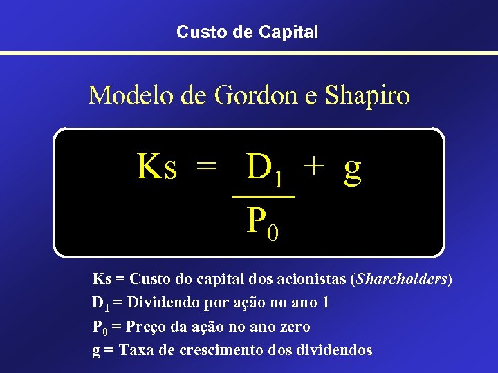 Custo de Capital Modelo de Gordon e Shapiro Ks = D 1 + g