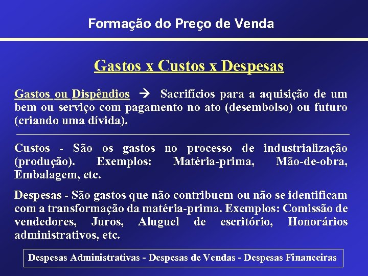 Formação do Preço de Venda Gastos x Custos x Despesas Gastos ou Dispêndios Sacrifícios