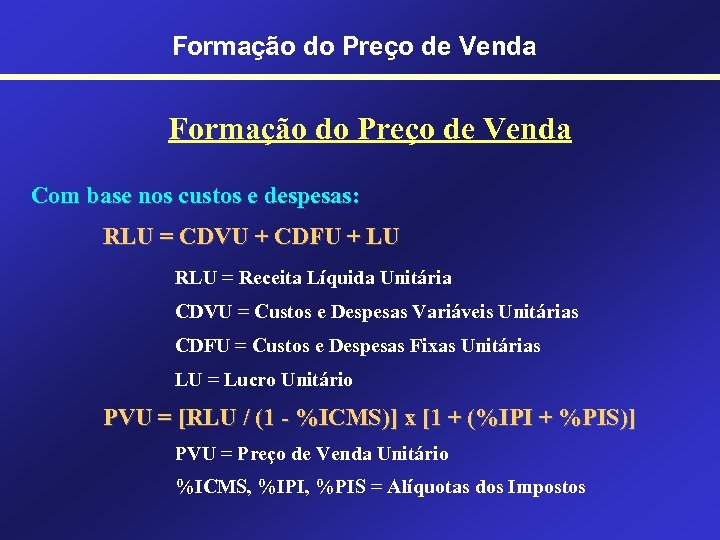 Formação do Preço de Venda Com base nos custos e despesas: RLU = CDVU
