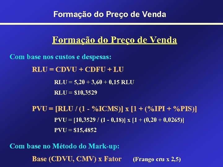Formação do Preço de Venda Com base nos custos e despesas: RLU = CDVU