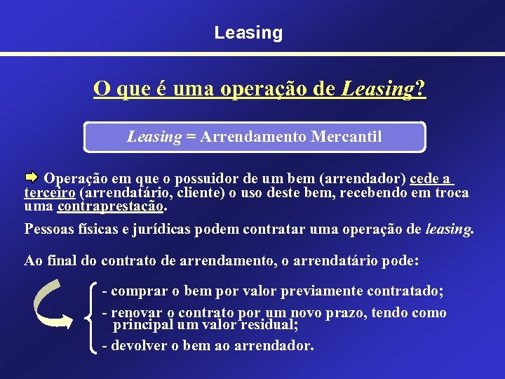 Leasing O que é uma operação de Leasing? Leasing = Arrendamento Mercantil Operação em