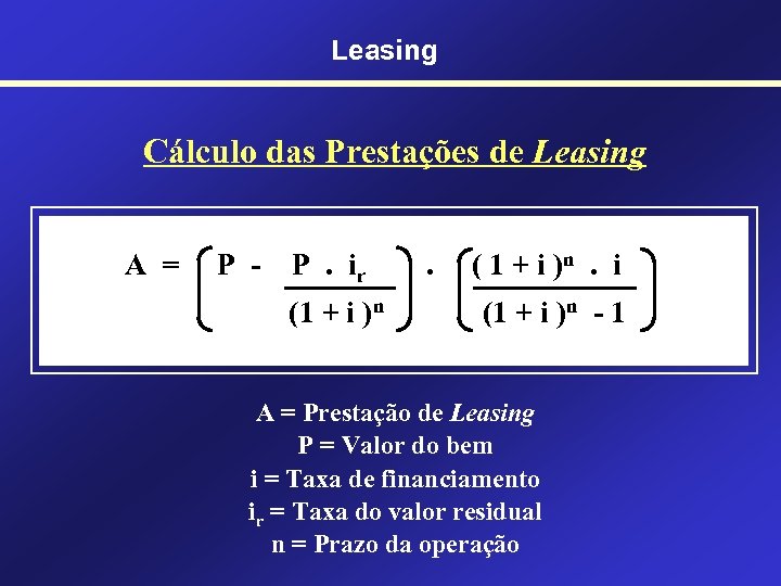 Leasing Cálculo das Prestações de Leasing A = P - P. ir (1 +