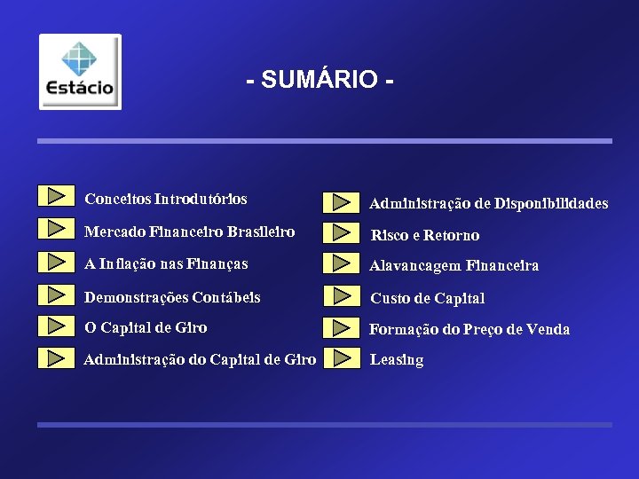 - SUMÁRIO - Conceitos Introdutórios Administração de Disponibilidades Mercado Financeiro Brasileiro Risco e Retorno