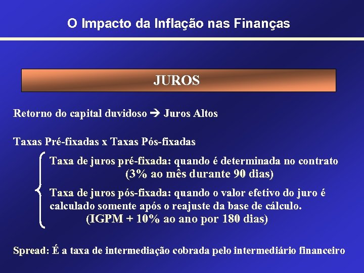 O Impacto da Inflação nas Finanças JUROS Retorno do capital duvidoso Juros Altos Taxas