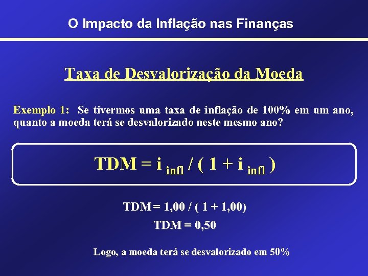 O Impacto da Inflação nas Finanças Taxa de Desvalorização da Moeda Exemplo 1: Se