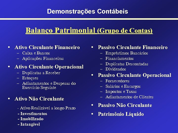 Demonstrações Contábeis Balanço Patrimonial (Grupo de Contas) • Ativo Circulante Financeiro – Caixa e