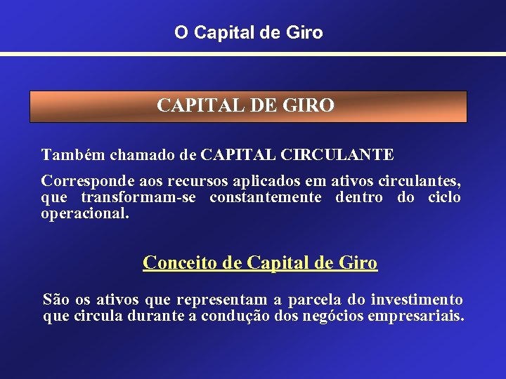 O Capital de Giro CAPITAL DE GIRO Também chamado de CAPITAL CIRCULANTE Corresponde aos