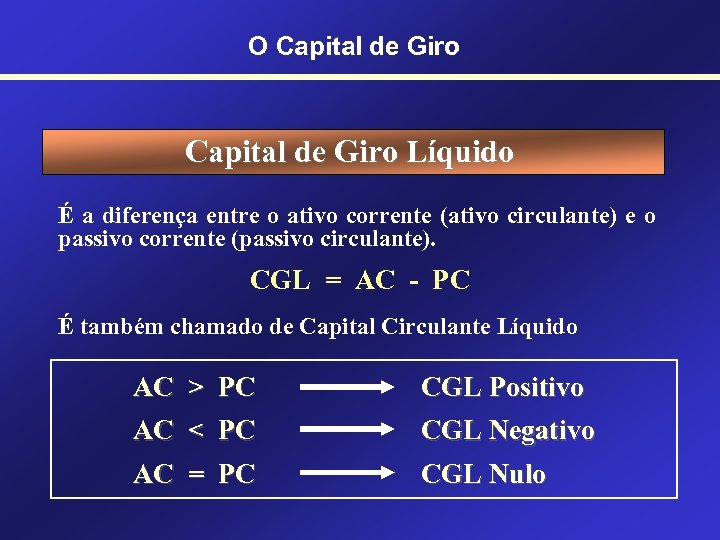 O Capital de Giro Líquido É a diferença entre o ativo corrente (ativo circulante)