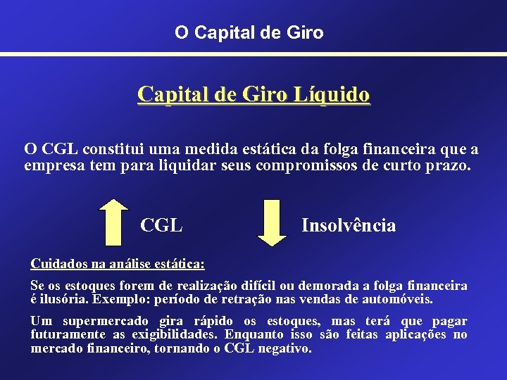 O Capital de Giro Líquido O CGL constitui uma medida estática da folga financeira