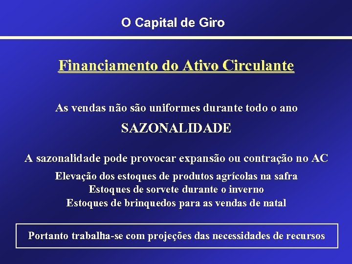 O Capital de Giro Financiamento do Ativo Circulante As vendas não são uniformes durante