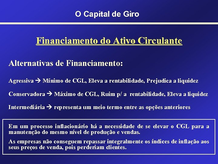 O Capital de Giro Financiamento do Ativo Circulante Alternativas de Financiamento: Agressiva Mínimo de