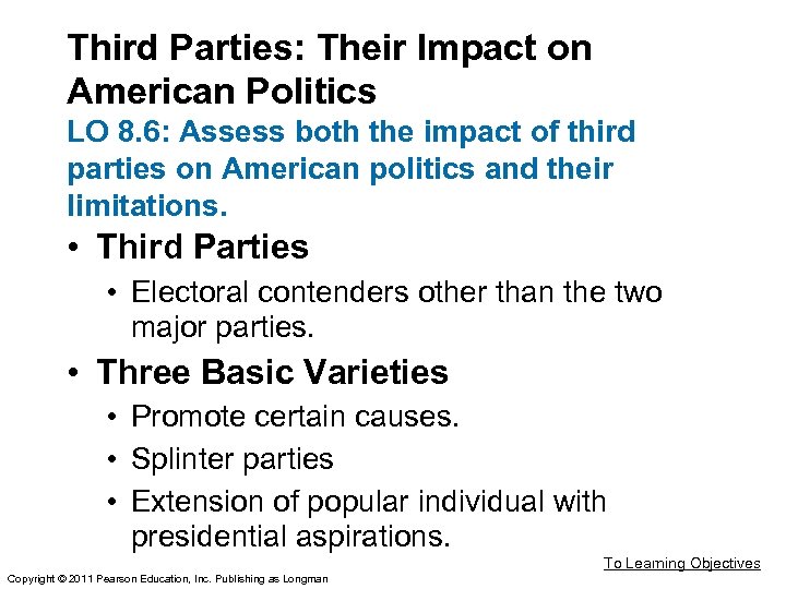 Third Parties: Their Impact on American Politics LO 8. 6: Assess both the impact