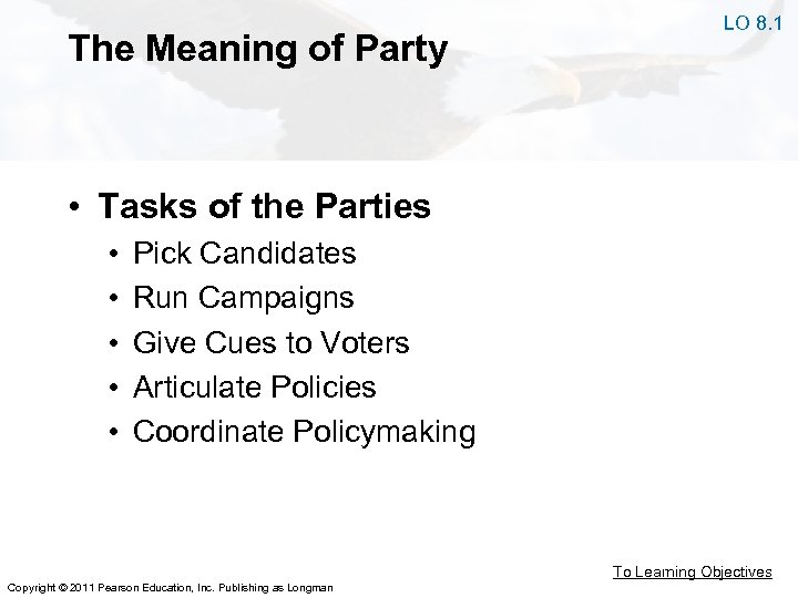 The Meaning of Party LO 8. 1 • Tasks of the Parties • •