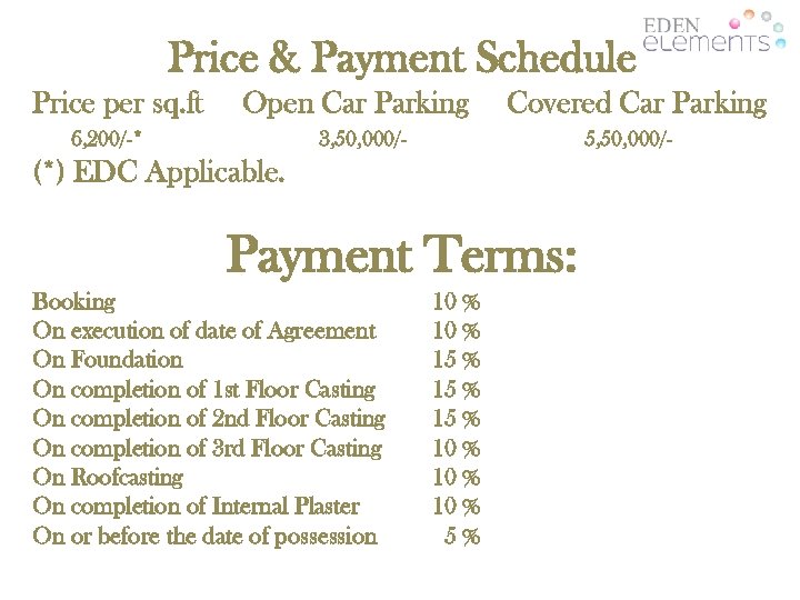 Price & Payment Schedule Price per sq. ft Open Car Parking 6, 200/-* Covered