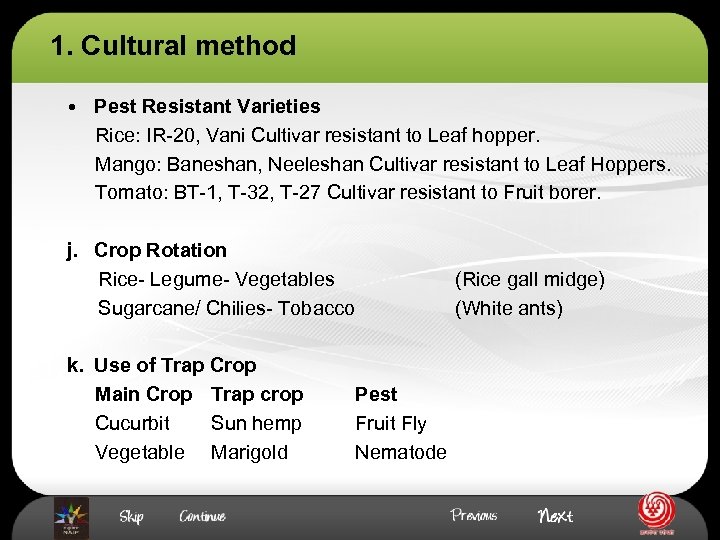 1. Cultural method • Pest Resistant Varieties Rice: IR-20, Vani Cultivar resistant to Leaf