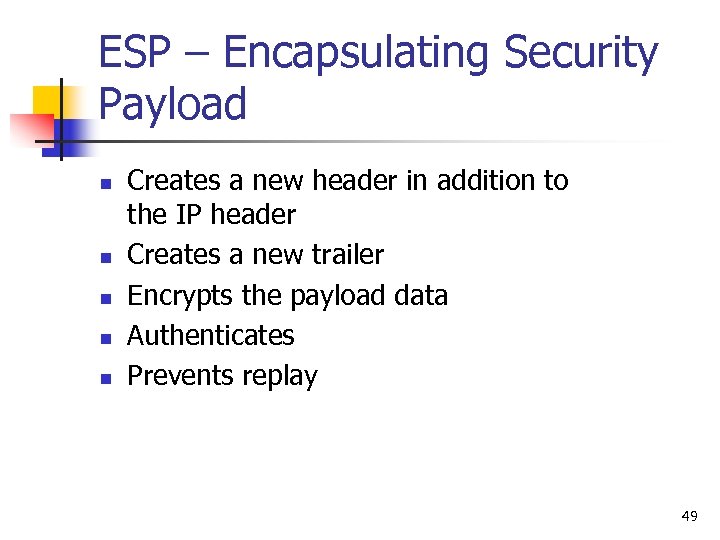 ESP – Encapsulating Security Payload n n n Creates a new header in addition