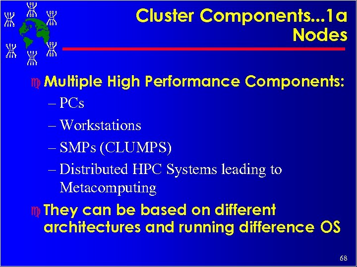 Cluster Components. . . 1 a Nodes c Multiple High Performance Components: – PCs