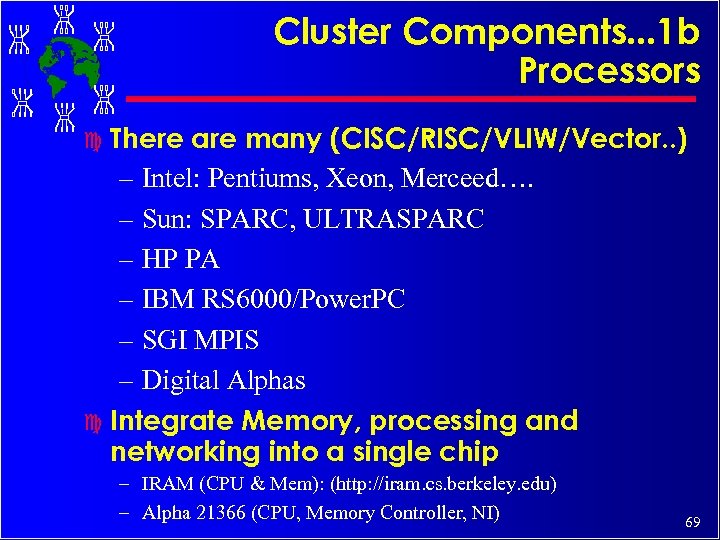 Cluster Components. . . 1 b Processors There are many (CISC/RISC/VLIW/Vector. . ) –