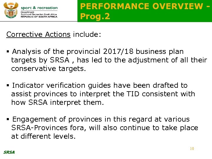 PERFORMANCE OVERVIEW Prog. 2 Corrective Actions include: § Analysis of the provincial 2017/18 business