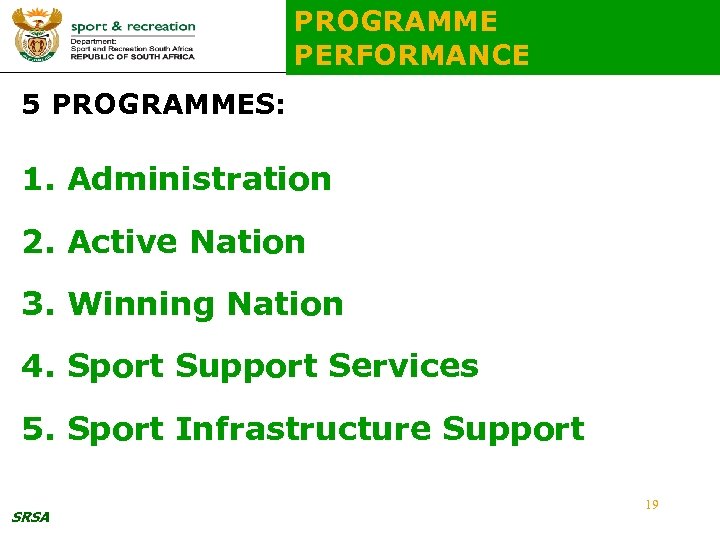 PROGRAMME PERFORMANCE 5 PROGRAMMES: 1. Administration 2. Active Nation 3. Winning Nation 4. Sport