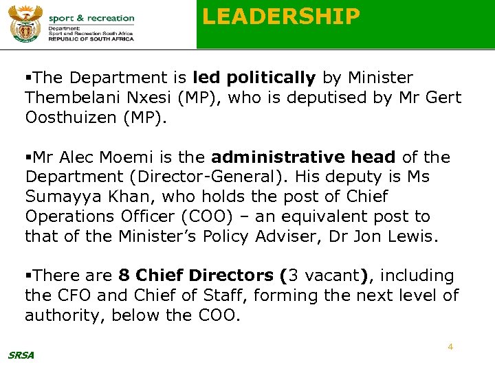 LEADERSHIP §The Department is led politically by Minister Thembelani Nxesi (MP), who is deputised
