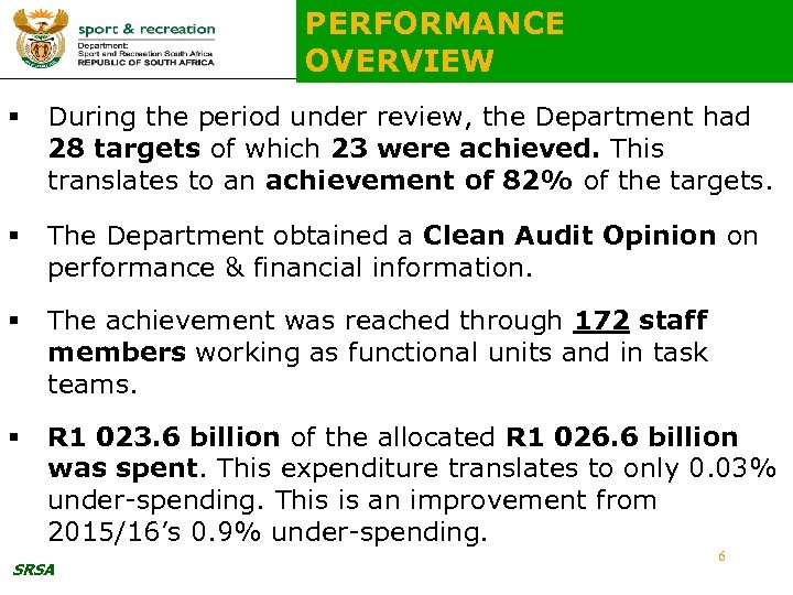 PERFORMANCE OVERVIEW § During the period under review, the Department had 28 targets of
