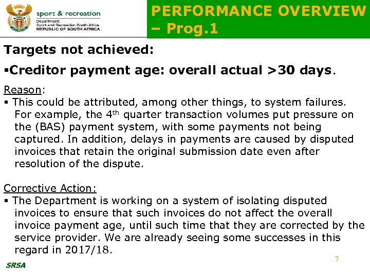 PERFORMANCE OVERVIEW – Prog. 1 Targets not achieved: §Creditor payment age: overall actual >30