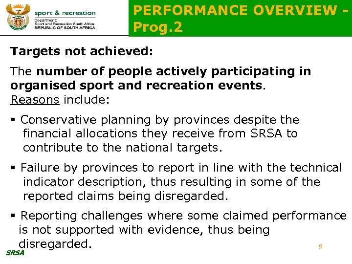 PERFORMANCE OVERVIEW Prog. 2 Targets not achieved: The number of people actively participating in