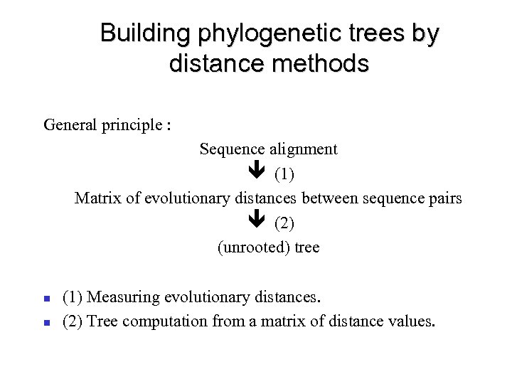 Building phylogenetic trees by distance methods General principle : Sequence alignment ê (1) Matrix