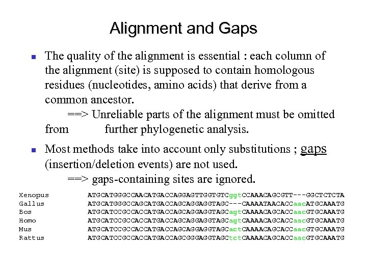 Alignment and Gaps The quality of the alignment is essential : each column of
