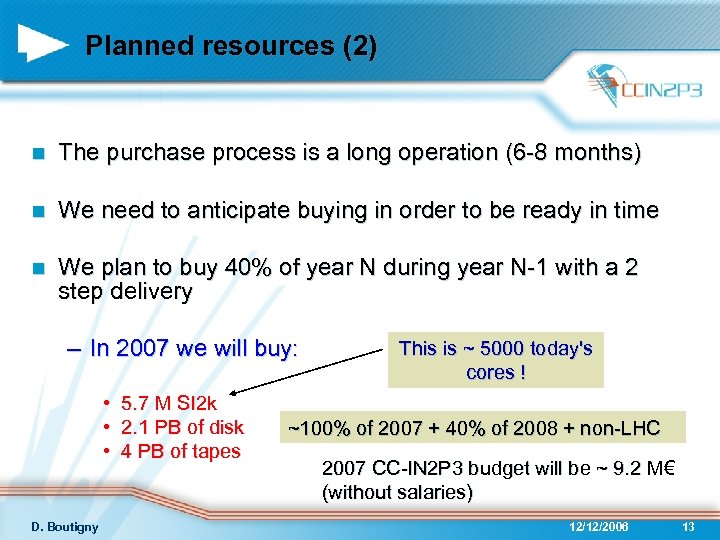 Planned resources (2) n The purchase process is a long operation (6 -8 months)
