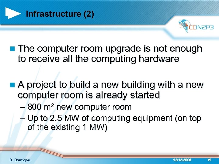 Infrastructure (2) n The computer room upgrade is not enough to receive all the