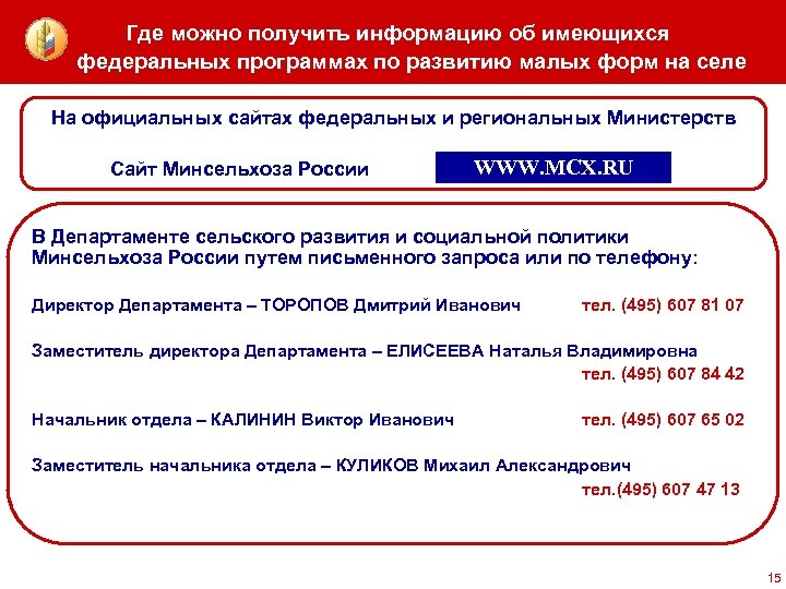 Где можно получить информацию об имеющихся федеральных программах по развитию малых форм на селе