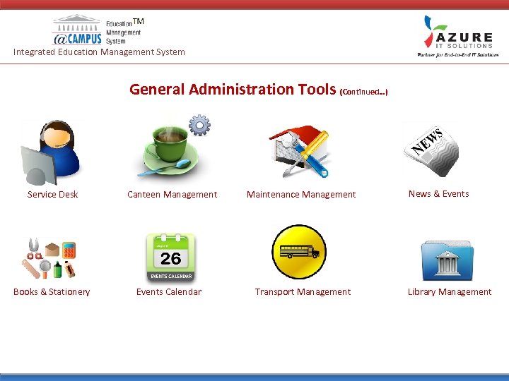 Integrated Education Management System General Administration Tools (Continued…) Service Desk Books & Stationery Canteen