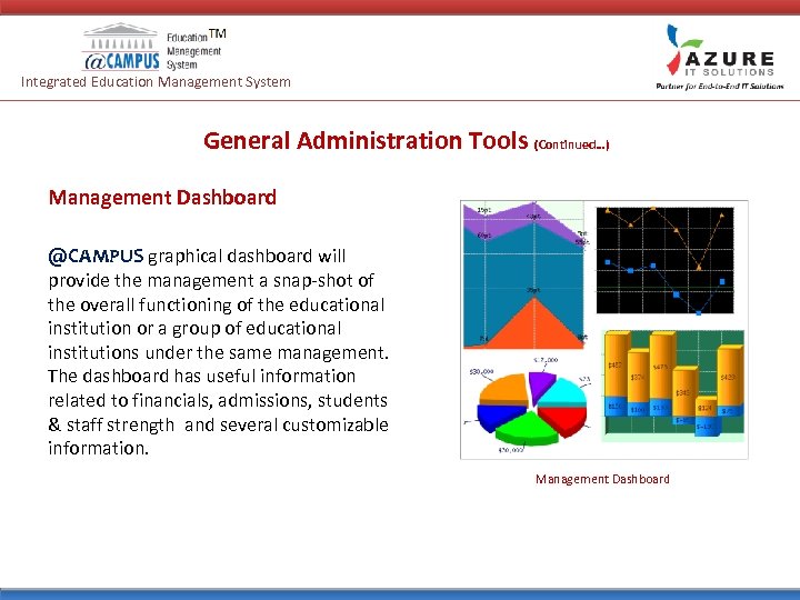 Integrated Education Management System General Administration Tools (Continued…) Management Dashboard @CAMPUS graphical dashboard will