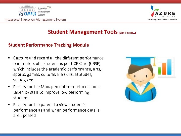 Integrated Education Management System Student Management Tools (Continued…) Student Performance Tracking Module § Capture
